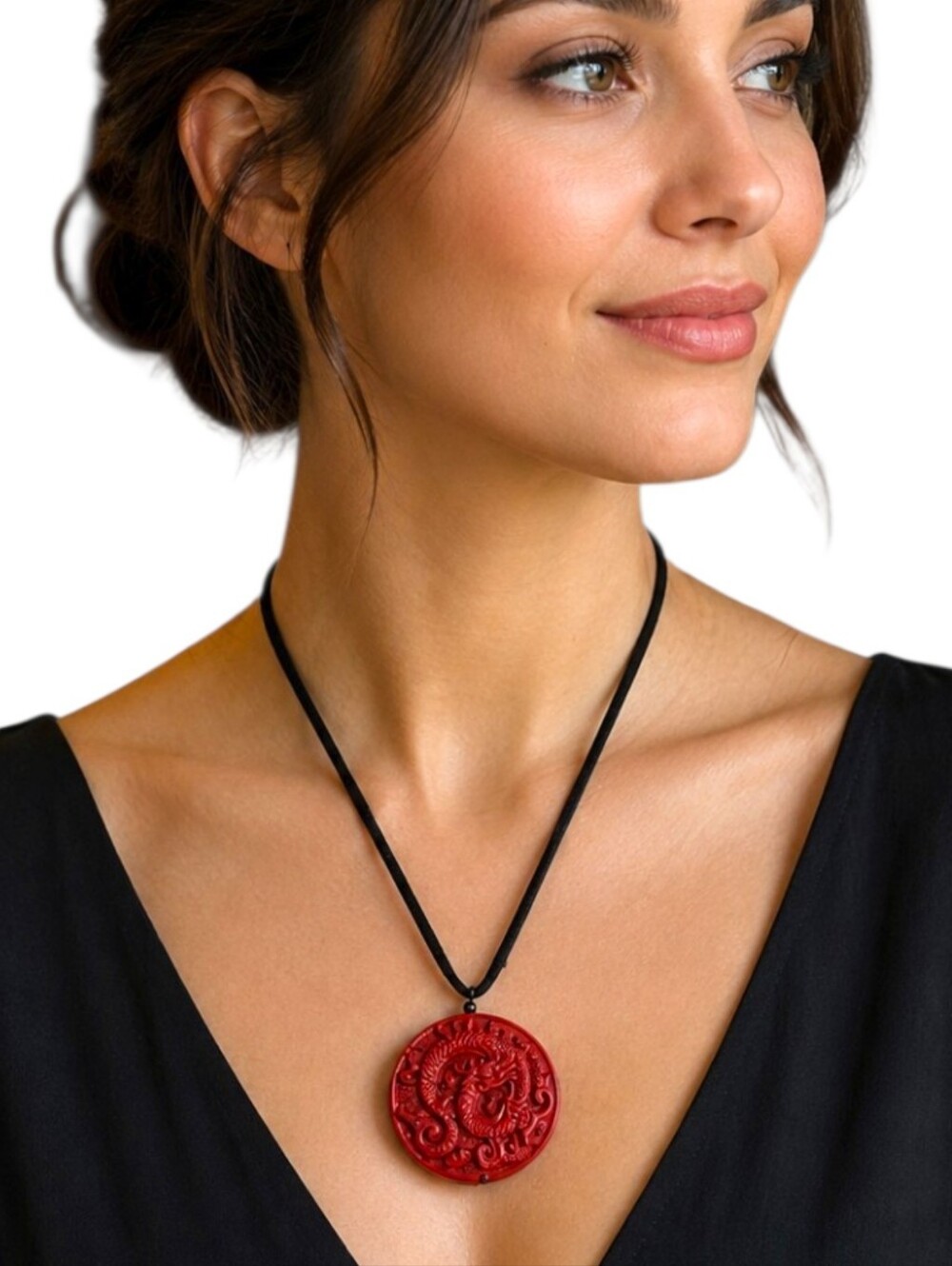 Vintage Cinnabar Medallion Pendant Necklace‎ Dragon Black Satin Cord Hand Carved